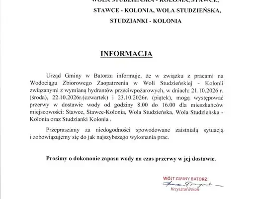 Przerwy w dostawie wody w gminie Batorz – 21-23 października