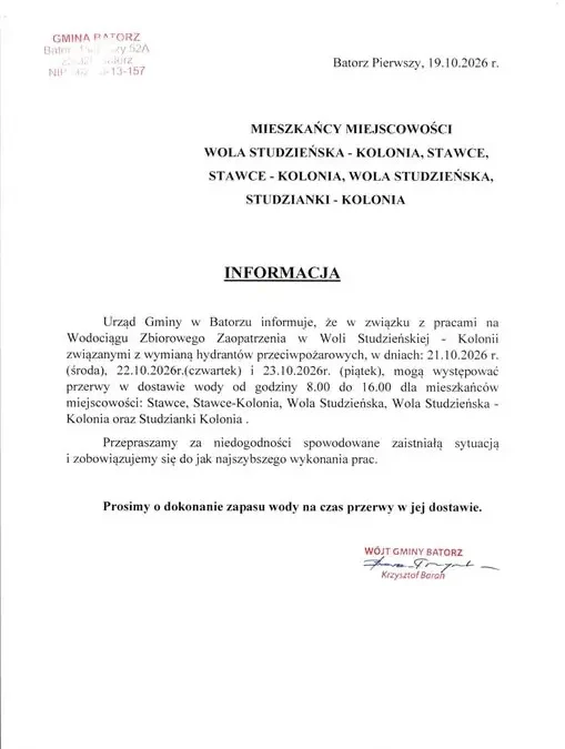 Przerwy w dostawie wody w gminie Batorz – 21-23 października